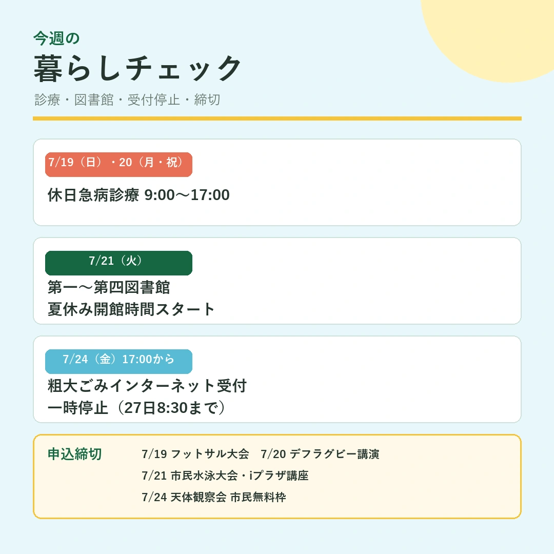 2026年7月18日から24日までの稲城市の休日診療、図書館、粗大ごみ受付、申込締切の図解