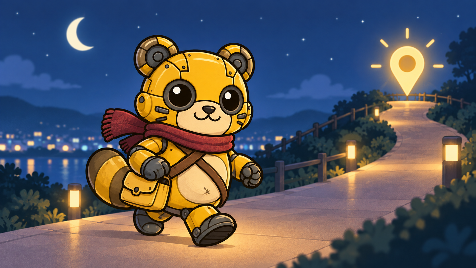 夜の来園準備とアクセスを案内するメカポンタ