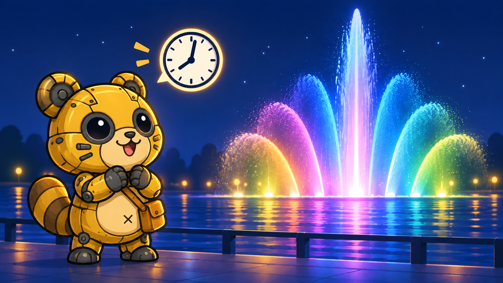 光と水の噴水ショーを楽しむメカポンタ